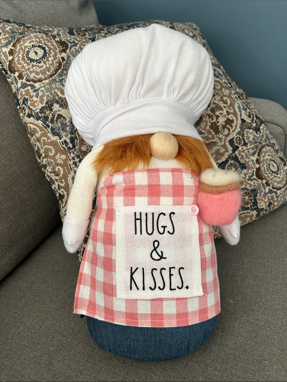 Rae Dunn Pink Gingham Chef Gnome with White Hat
